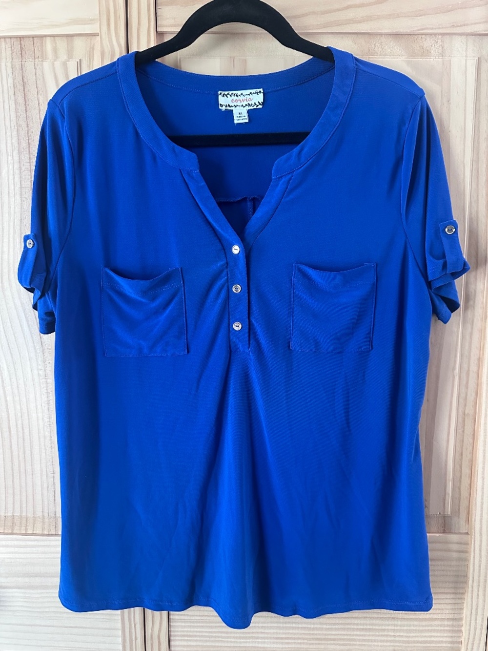 Corvia XL Royal Blue Stretch Tunic Top V Neck with Decorative Button Tabs